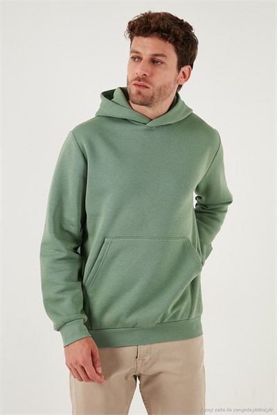 Regular Fit Kapüşonlu Kanguru Cepli İçi Tüylü Yumuşak Şardonlu Erkek Sweat 5905281 ELMA YEŞİLİ