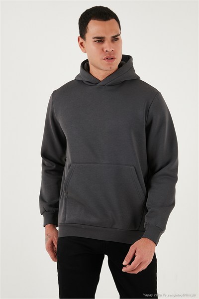 Regular Fit Kapüşonlu Kanguru Cepli İçi Tüylü Yumuşak Şardonlu Erkek Sweat 5905281 ANTRASİT
