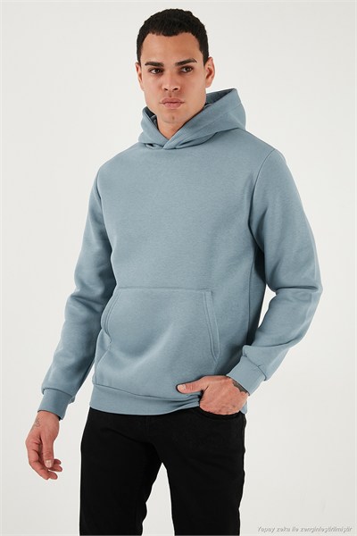 Regular Fit Kapüşonlu Kanguru Cepli İçi Tüylü Yumuşak Şardonlu Erkek Sweat 5905281 MAVİ