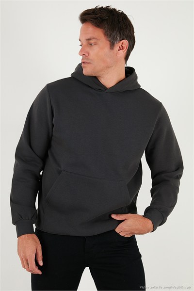 Regular Fit Kapüşonlu Kanguru Cepli İçi Tüylü Yumuşak Şardonlu Erkek Sweat 5905281 FÜME