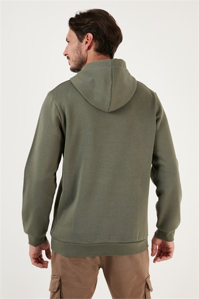 Regular Fit Kapüşonlu Kanguru Cepli İçi Tüylü Yumuşak Şardonlu Erkek Sweat 5905281 HAKİ