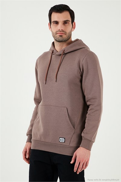 Regular Fit Kapüşonlu Kanguru Cepli İçi Tüylü Yumuşak Şardonlu Erkek Sweat 5905281 TOPRAK