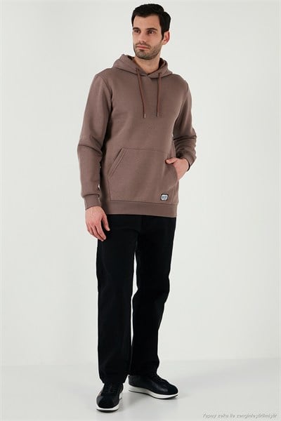 Regular Fit Kapüşonlu Kanguru Cepli İçi Tüylü Yumuşak Şardonlu Erkek Sweat 5905281 TOPRAK