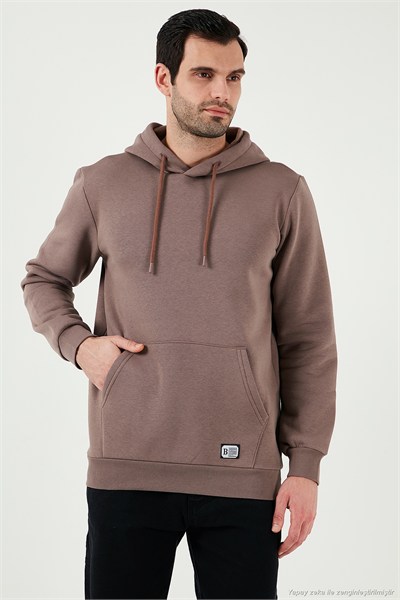 Regular Fit Kapüşonlu Kanguru Cepli İçi Tüylü Yumuşak Şardonlu Erkek Sweat 5905281 TOPRAK