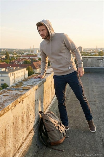 Regular Fit Kapüşonlu Kanguru Cepli İçi Tüylü Yumuşak Şardonlu Erkek Sweat 5905281 Kül