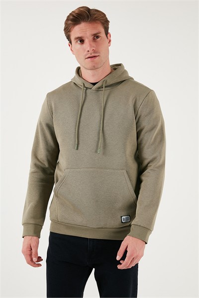 Regular Fit Kapüşonlu Kanguru Cepli İçi Tüylü Yumuşak Şardonlu Erkek Sweat 5905281 Vizon Yeşili