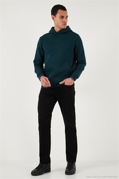 Regular Fit Kapüşonlu Kanguru Cepli İçi Tüylü Yumuşak Şardonlu Erkek Sweat 5905281 PETROL