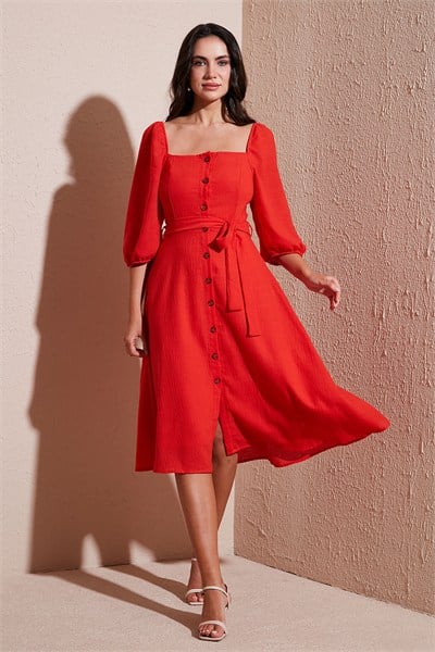 Regular Fit Kare Yaka Düğmeli Midi Boy Kadın Elbise 67810197 NAR ÇİÇEĞİ