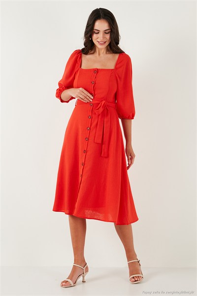 Regular Fit Kare Yaka Düğmeli Midi Boy Kadın Elbise 67810197 NAR ÇİÇEĞİ