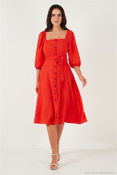 Regular Fit Kare Yaka Düğmeli Midi Boy Kadın Elbise 67810197 NAR ÇİÇEĞİ