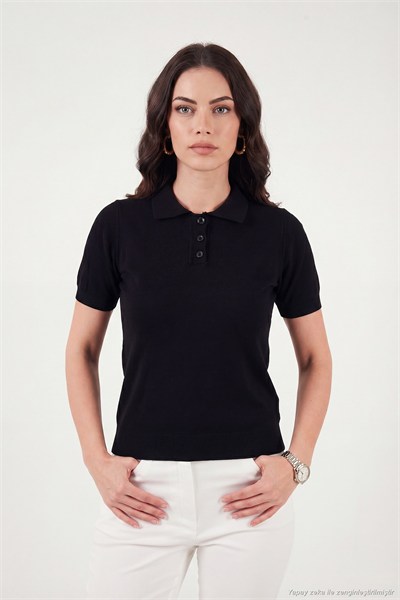 Regular Fit Kısa Kollu Düğmeli Triko Kadın Polo Yaka Kazak 4617056 SİYAH
