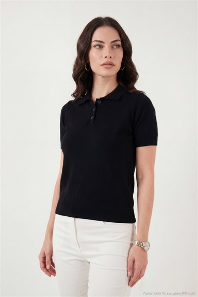 Regular Fit Kısa Kollu Düğmeli Triko Kadın Polo Yaka Kazak 4617056 SİYAH