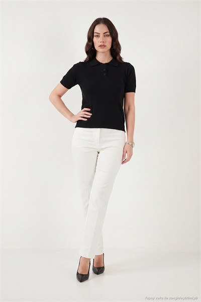 Regular Fit Kısa Kollu Düğmeli Triko Kadın Polo Yaka Kazak 4617056 SİYAH
