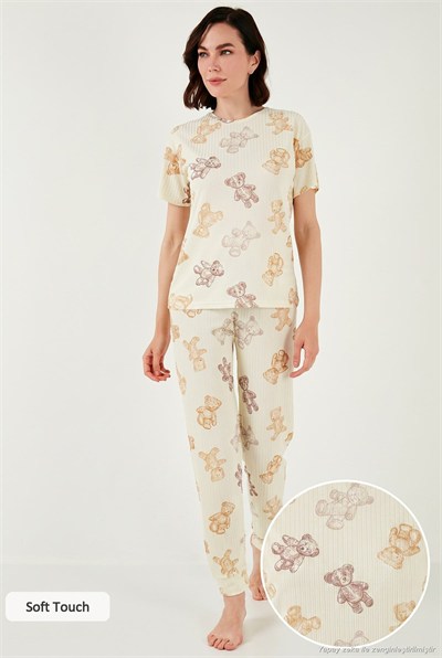 Regular Fit Kısa Kollu Kadın Pijama Takımı 65740104 BEJ