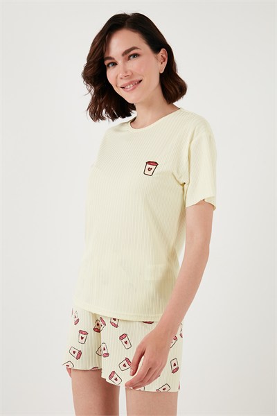 Regular Fit Kısa Kollu Şortlu Kadın Pijama Takımı 65740103 BEJ-PEMBE