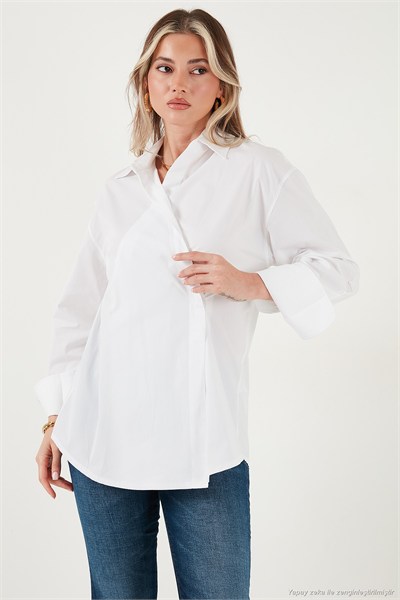 Regular Fit Klasik Yaka Bağlamalı Uzun Kollu Kadın Gömlek 6834987 BEYAZ