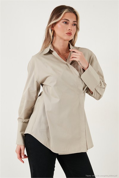 Regular Fit Klasik Yaka Bağlamalı Uzun Kollu Kadın Gömlek 6834987 BEJ
