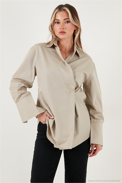 Regular Fit Klasik Yaka Bağlamalı Uzun Kollu Kadın Gömlek 6834987 BEJ