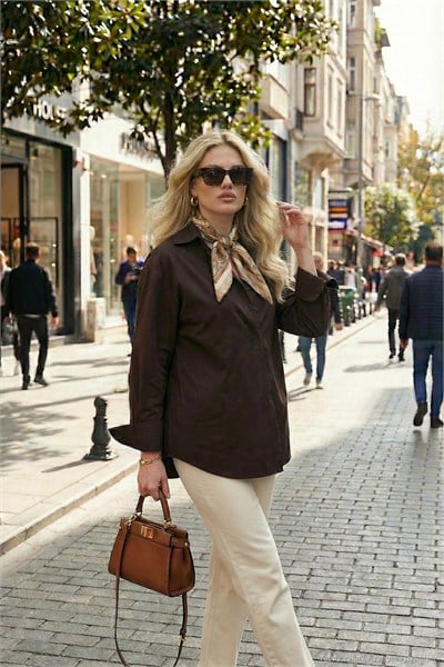 Regular Fit Klasik Yaka Bağlamalı Uzun Kollu Kadın Gömlek 6834987 KAHVE