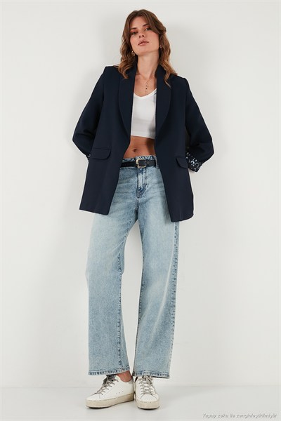Regular Fit Klasik Yaka Desenli Astar Detaylı Blazer Kadın Ceket 6839227 LACİVERT