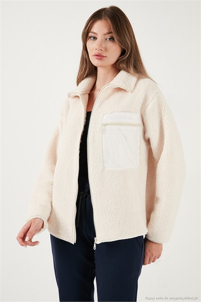 Regular Fit Klasik Yaka Göğüs Cep Detaylı Peluş Hırka Kadın Polar 5866437 KREM