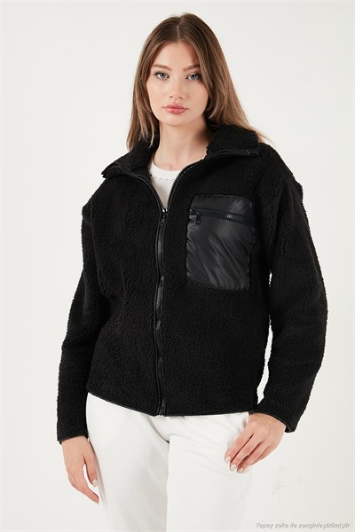 Regular Fit Klasik Yaka Göğüs Cep Detaylı Peluş Hırka Kadın Polar 5866437 SİYAH