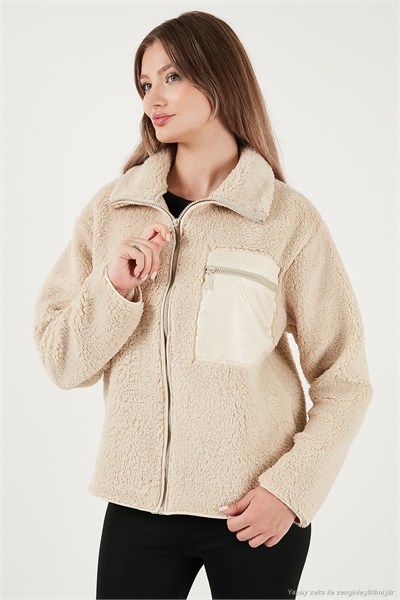 Regular Fit Klasik Yaka Göğüs Cep Detaylı Peluş Hırka Kadın Polar 5866437 BİSKÜVİ