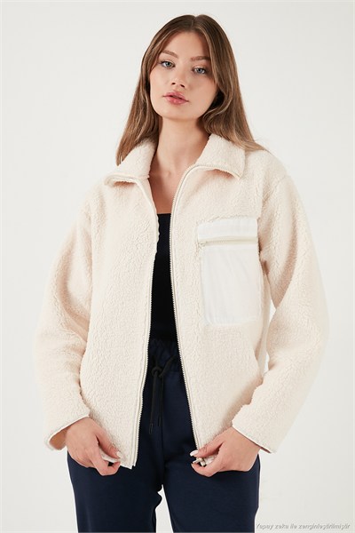 Regular Fit Klasik Yaka Göğüs Cep Detaylı Peluş Hırka Kadın Polar 5866437 KREM