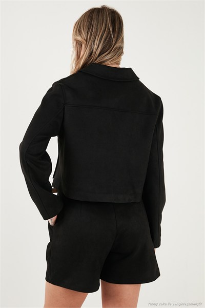 Regular Fit Klasik Yaka Süet Dokulu Cep Detaylı Kadın Ceket 6524992 SİYAH