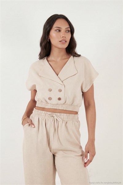 Regular Fit Kruvaze Yaka Düğme Detaylı Crop Kadın Takım 5866446 TAŞ