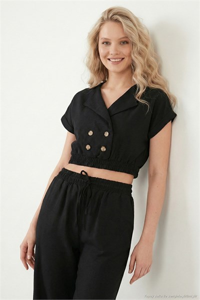 Regular Fit Kruvaze Yaka Düğme Detaylı Crop Kadın Takım 5866446 SİYAH