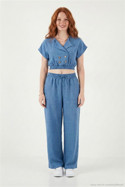 Regular Fit Kruvaze Yaka Düğme Detaylı Crop Kadın Takım 5866446 MAVİ