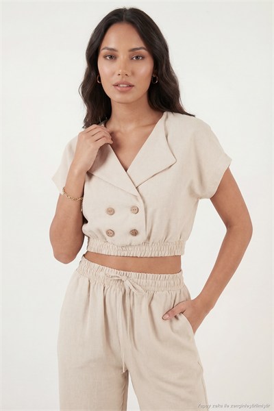 Regular Fit Kruvaze Yaka Düğme Detaylı Crop Kadın Takım 5866446 TAŞ
