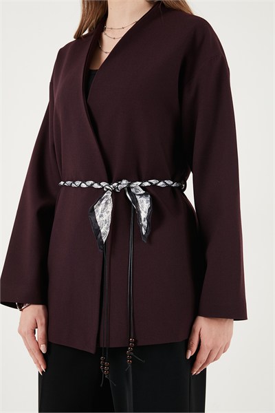 Regular Fit Kruvaze Yaka Fular Kemerli Blazer Kadın Ceket 6927673 MÜRDÜM