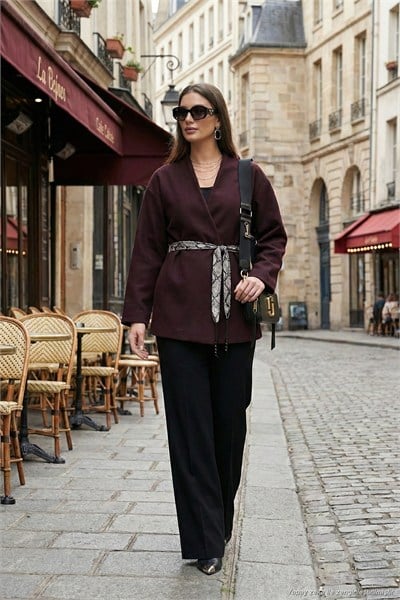 Regular Fit Kruvaze Yaka Fular Kemerli Blazer Kadın Ceket 6927673 MÜRDÜM