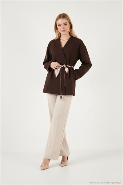 Regular Fit Kruvaze Yaka Fular Kemerli Blazer Kadın Ceket 6927673 KAHVE