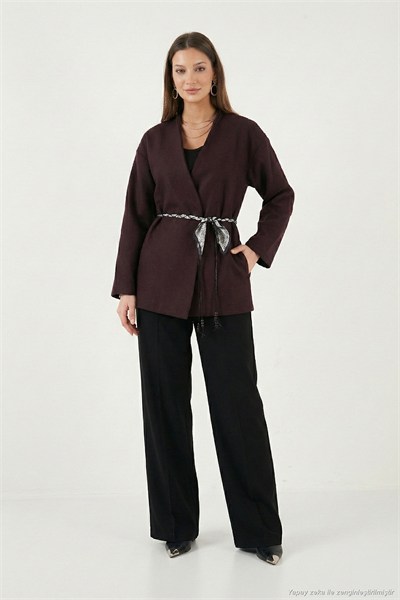 Regular Fit Kruvaze Yaka Fular Kemerli Blazer Kadın Ceket 6927673 MÜRDÜM