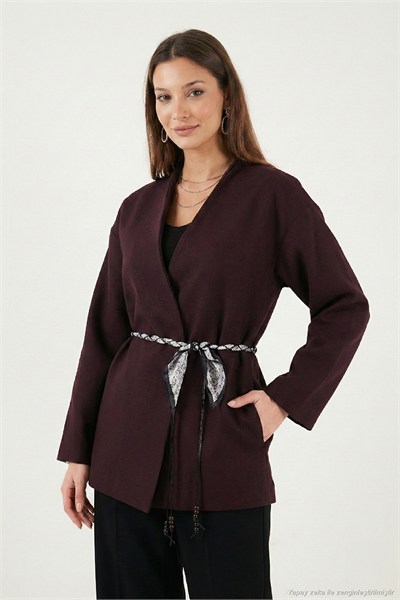 Regular Fit Kruvaze Yaka Fular Kemerli Blazer Kadın Ceket 6927673 MÜRDÜM
