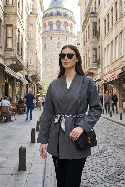 Regular Fit Kruvaze Yaka Fular Kemerli Blazer Kadın Ceket 6927673 ANTRASİT