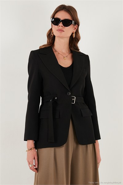 Regular Fit Kruvaze Yaka Kemerli Blazer Kadın Ceket 6839367 SİYAH