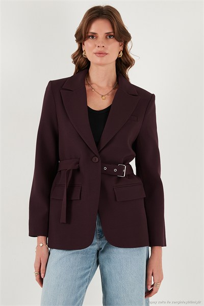 Regular Fit Kruvaze Yaka Kemerli Blazer Kadın Ceket 6839367 MÜRDÜM