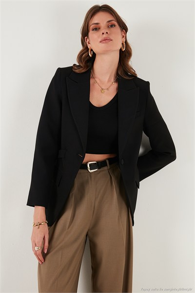 Regular Fit Kruvaze Yaka Kemerli Blazer Kadın Ceket 6839367 SİYAH
