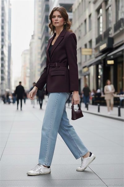 Regular Fit Kruvaze Yaka Kemerli Blazer Kadın Ceket 6839367 MÜRDÜM