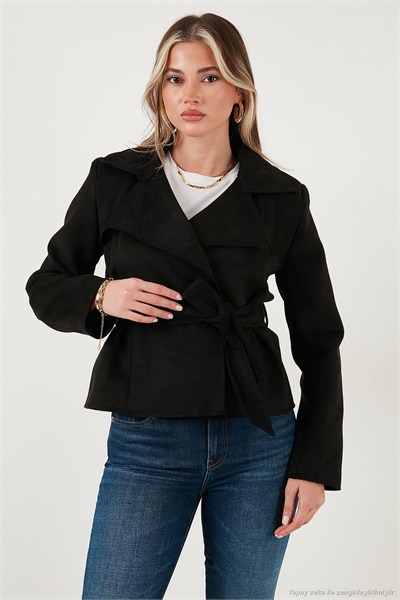 Regular Fit Kruvaze Yaka Kuşaklı Süet Dokulu Kadın Ceket 6839640 SİYAH