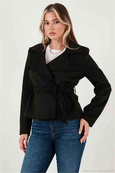 Regular Fit Kruvaze Yaka Kuşaklı Süet Dokulu Kadın Ceket 6839640 SİYAH