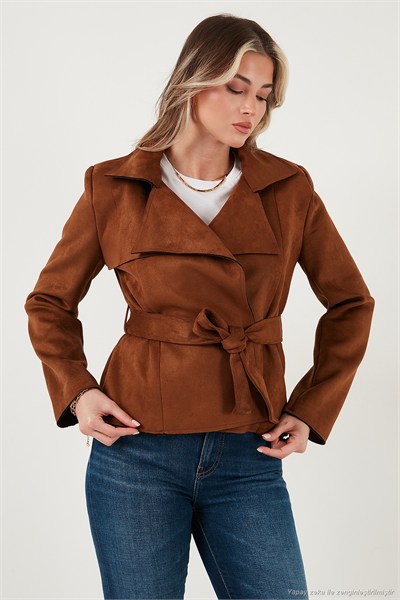 Regular Fit Kruvaze Yaka Kuşaklı Süet Dokulu Kadın Ceket 6839640 TABA