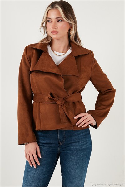 Regular Fit Kruvaze Yaka Kuşaklı Süet Dokulu Kadın Ceket 6839640 TABA