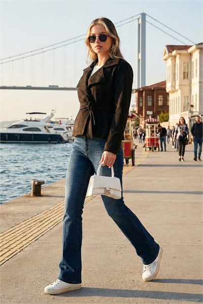 Regular Fit Kruvaze Yaka Kuşaklı Süet Dokulu Kadın Ceket 6839640 SİYAH