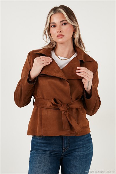 Regular Fit Kruvaze Yaka Kuşaklı Süet Dokulu Kadın Ceket 6839640 TABA