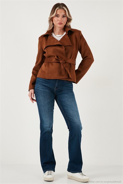 Regular Fit Kruvaze Yaka Kuşaklı Süet Dokulu Kadın Ceket 6839640 TABA
